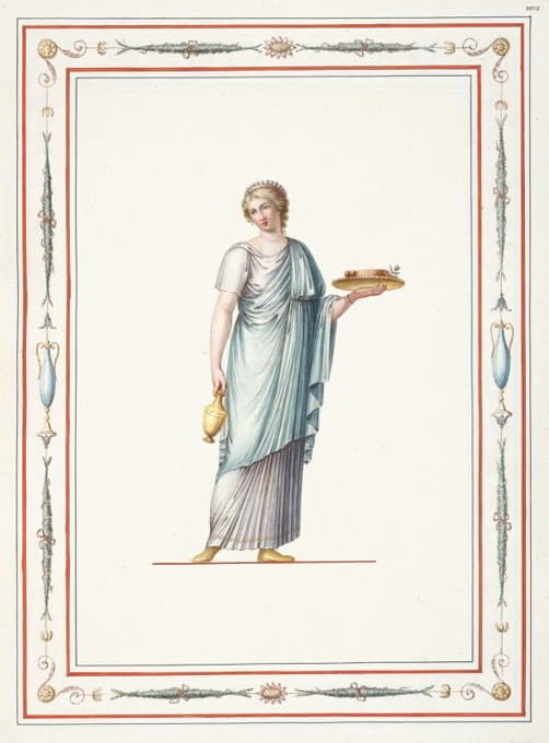 穿着古典服装的女人，手里拿着花瓶和一盘食物。