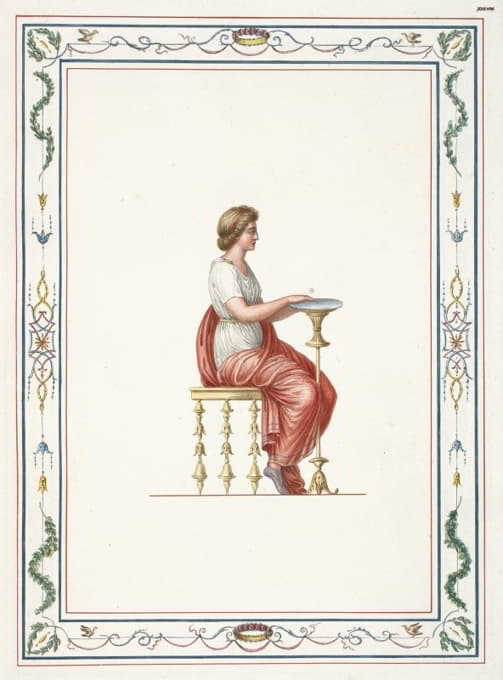 坐在小桌子旁的穿着古典服装的女人。