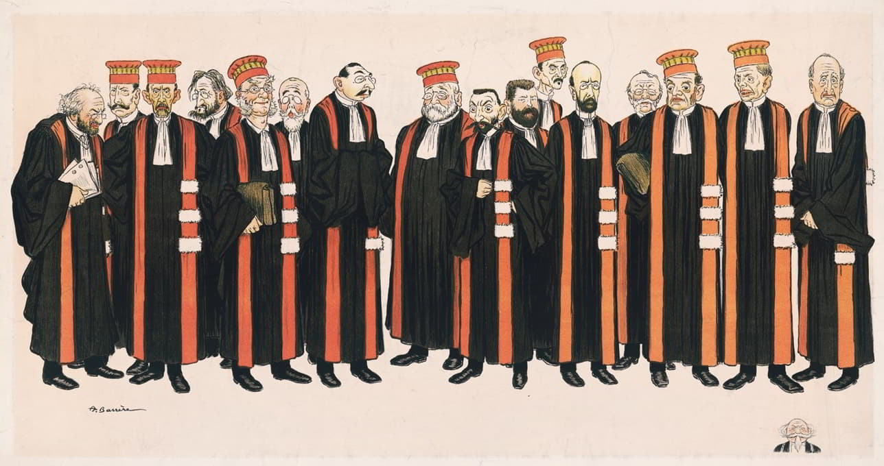 A. Barrere - Men standing in robes with orange sashes and hats facing forward