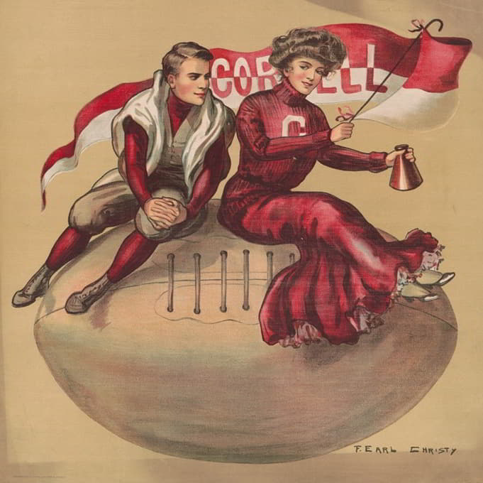 F. Earl Christy - Football player and cheerleader sitting on giant football with Cornell flag
