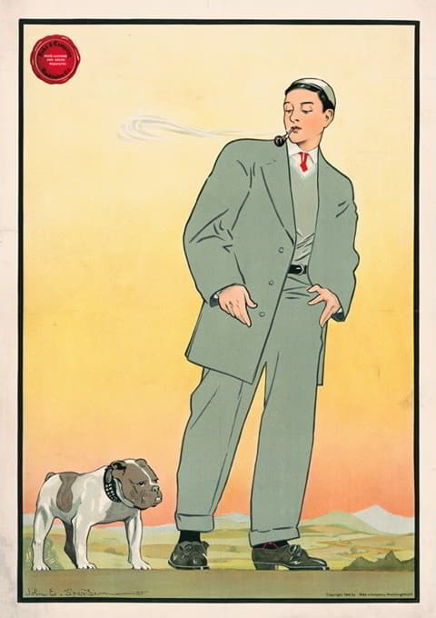 穿着灰色西装的年轻人抽着烟斗看着一条狗