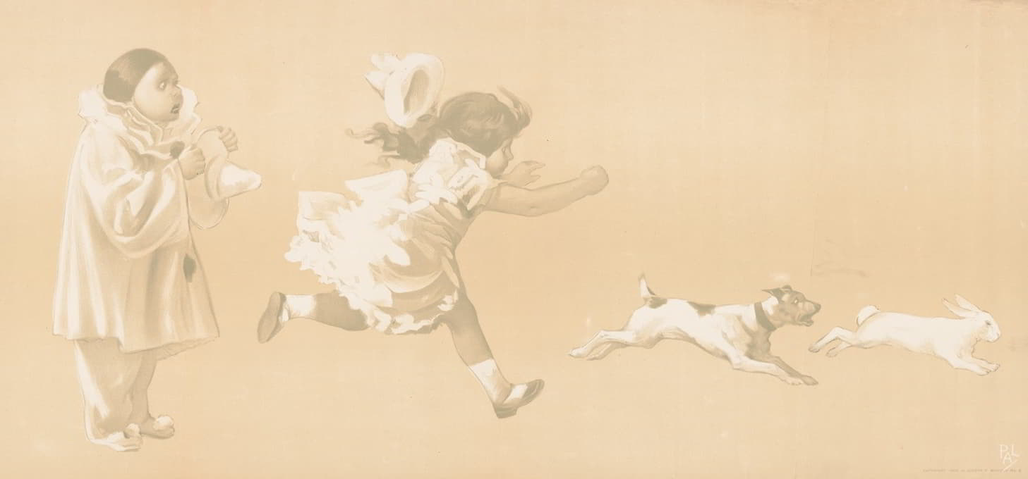 一个女孩在追逐一只正在追逐兔子的狗，而一个小丑在一旁看着