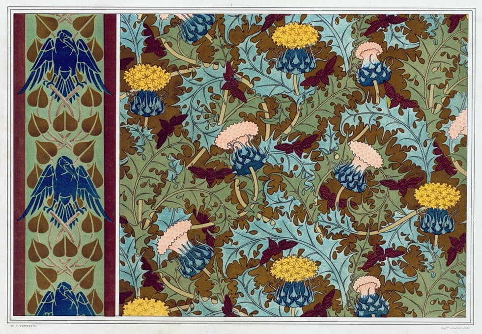 Maurice Pillard Verneuil - Corbeaux, bordure au pochoir; cigales et chardons, étoffe imprimée