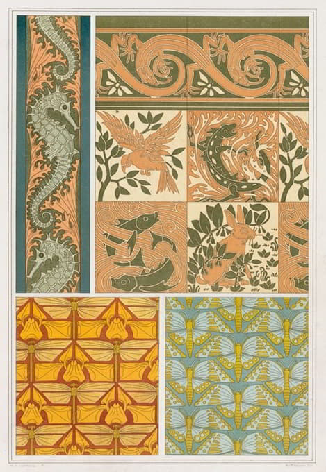 海马和海藻，边缘。四个元素，瓷砖和蜥蜴，边界。1897年