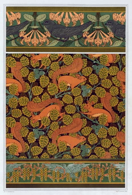 Maurice Pillard Verneuil - Martinets et chèvrefeuille, bordure. Écureuils et noisetier, papier peint. Oiseaux et noisetier en fleur, bordure.