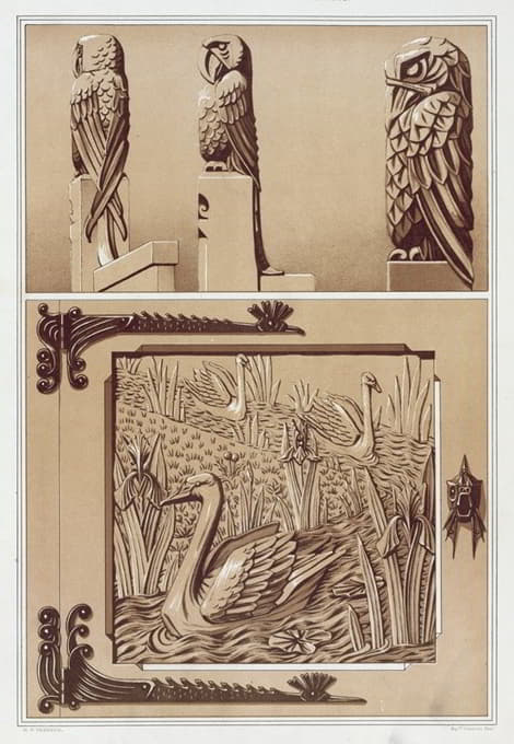 Maurice Pillard Verneuil - Perroquets, aigle, bois sculpté. Cygnes et iris, porte en bois sculpté.
