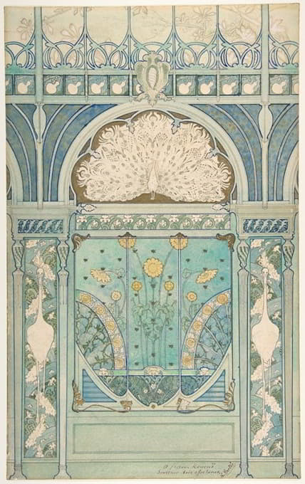 Emile Hurtré - Design for a Wall Decoration with Peacock, Cranes, and Sunflowers for the Restaurant in Hotel Langham (Paris)