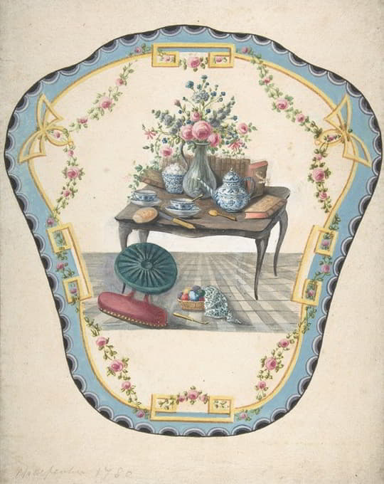 设计一个带有桌子的防火屏，桌子上有花瓶、书籍和茶壶