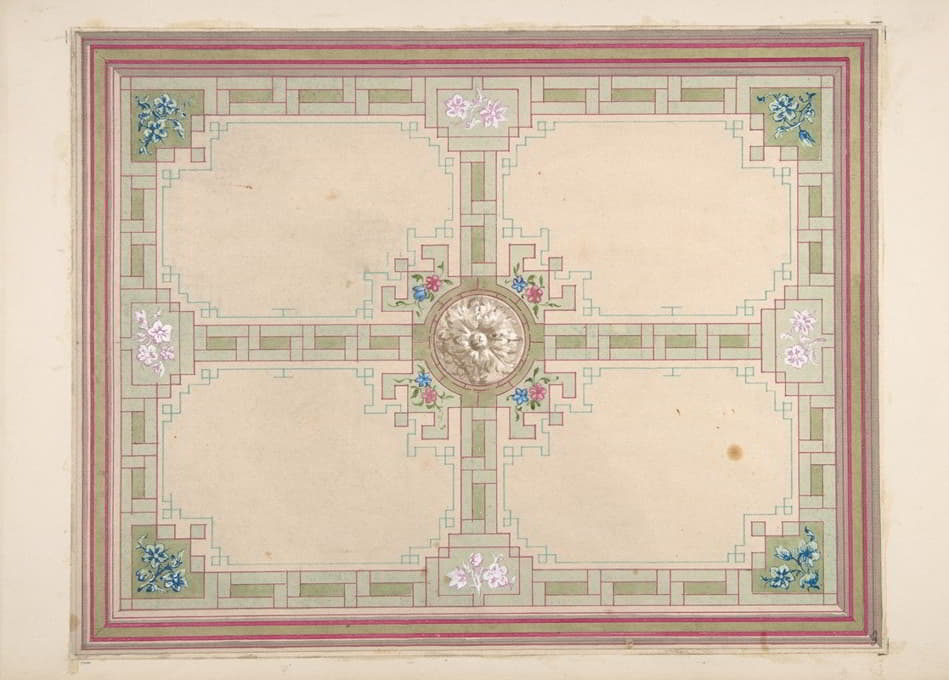 天花板设计采用花卉装饰和希腊钥匙边框