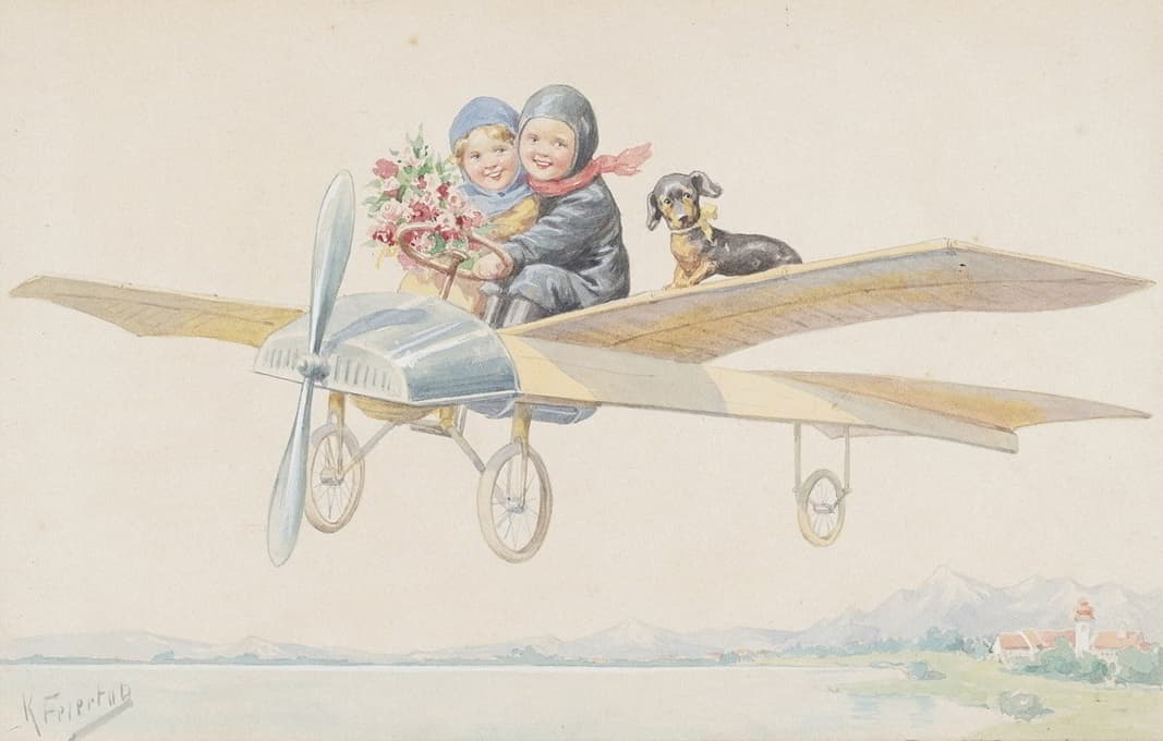 Karl Feiertag - Two children and a dachshund on a plane