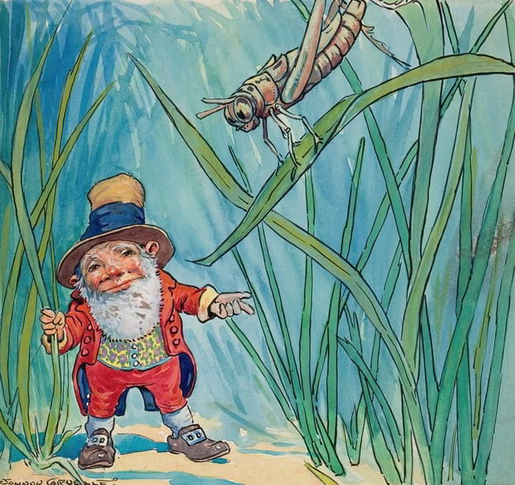 Johnny Gruelle - Thumbkins Ran Beneath the Bushes and Down the Tiny Path Until He Came to Where Tommy Grasshopper Sat Upon a Blade of Grass Swinging in the Breeze