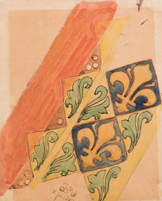 Jan Matejko - Karton do polichromii Kościoła Mariackiego – Fryz o motywie stylizowanych liści oraz lilii w polach kwadratowych