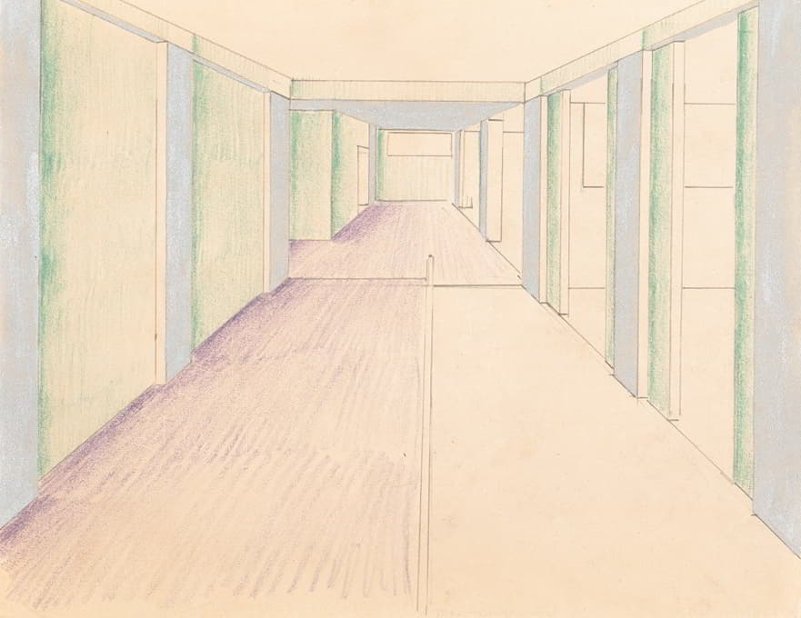 Winold Reiss - [Interior design drawings for unidentified rooms.] [Sketch for hallway colored green and purple