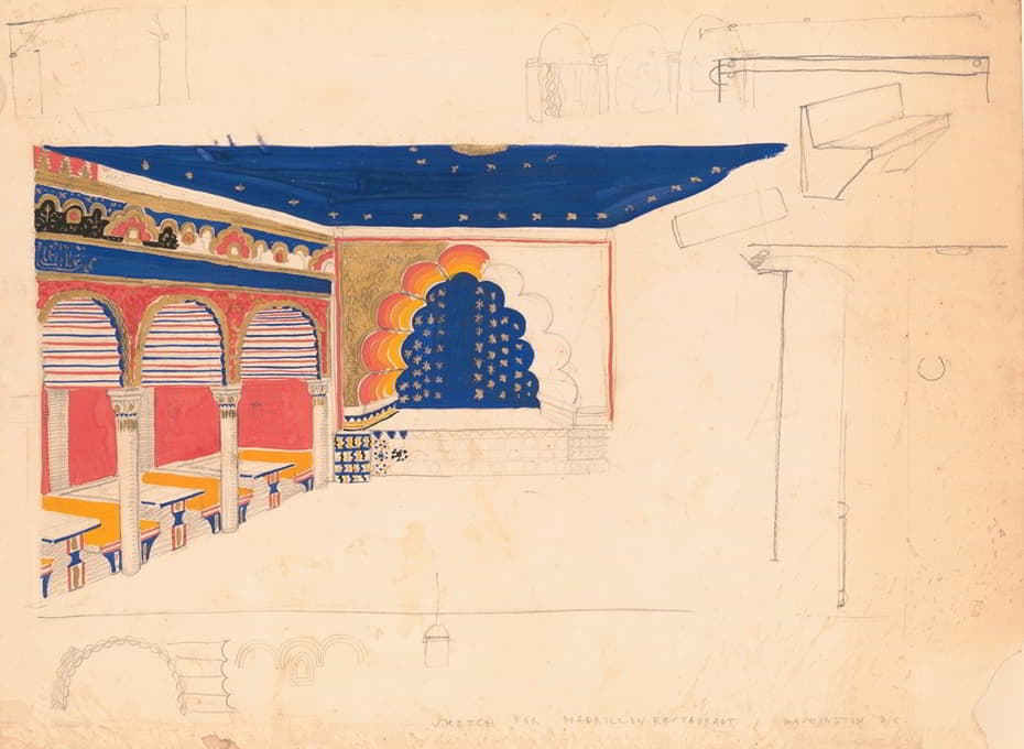 餐厅设计图（“Madrillon餐厅”），华盛顿特区][拱廊和舞台的内部透视图