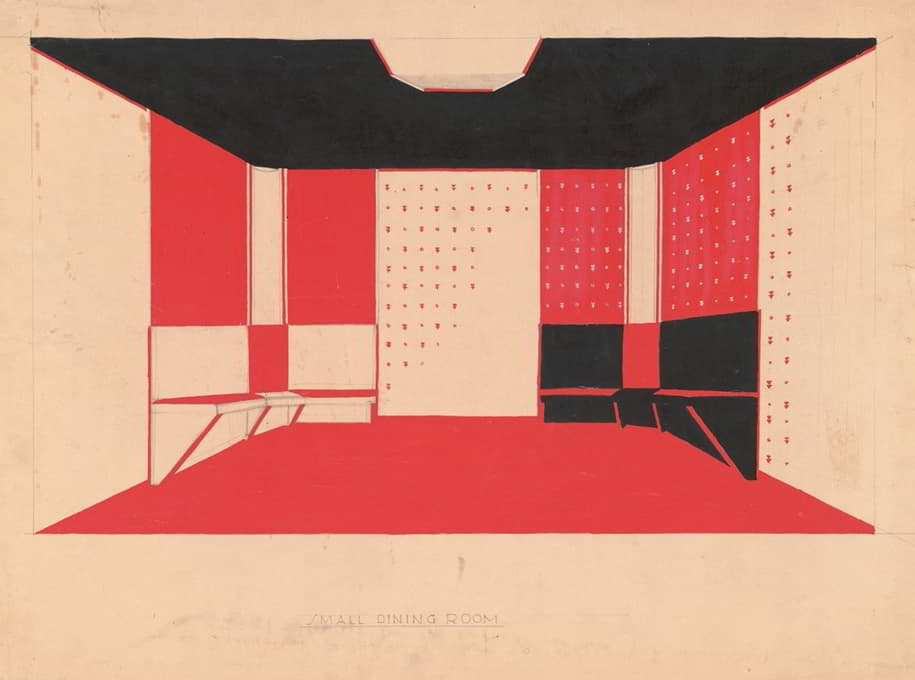 Winold Reiss - Design for unidentified building ‘Small Dining Room’.] [Drawing of dining room with benches, in black, vermillion and white, bilaterally positive and negative coloring
