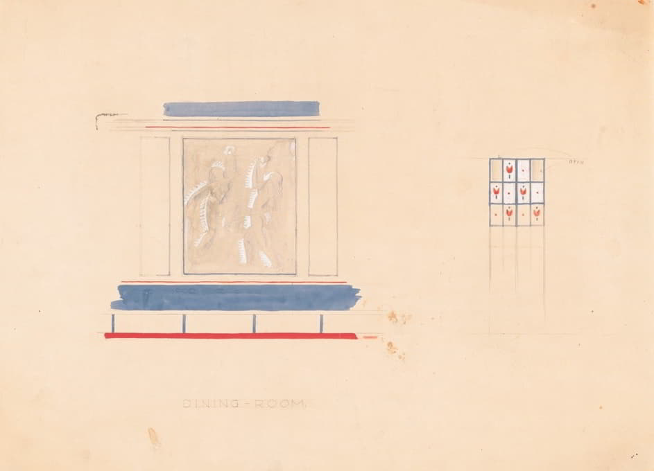 Winold Reiss - Design for unidentified restaurant interior in blue and vermillion with mural featuring 2 female nudes and panel with tulip inserts.] [Drawing for ‘Dining Room’