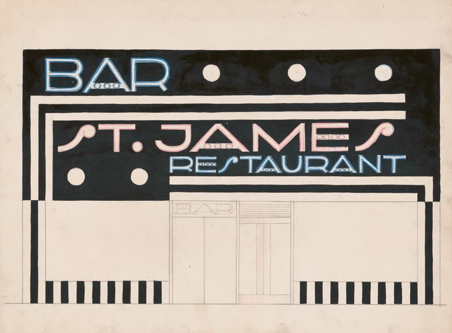 Winold Reiss - Designs and photographs for alterations to St. James Bar Restaurant, W. 181st St. and Broadway, New York, NY.] [Incomplete study of exterior elevation