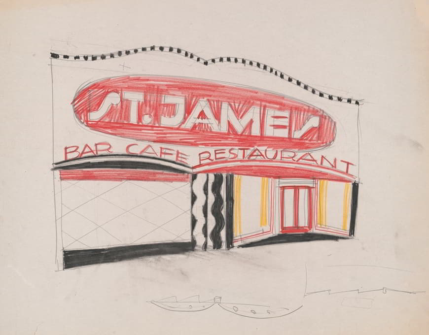 纽约州纽约市西181街和百老汇圣詹姆斯酒吧餐厅改建设计和照片。[外部透视立面图和平面图草图]