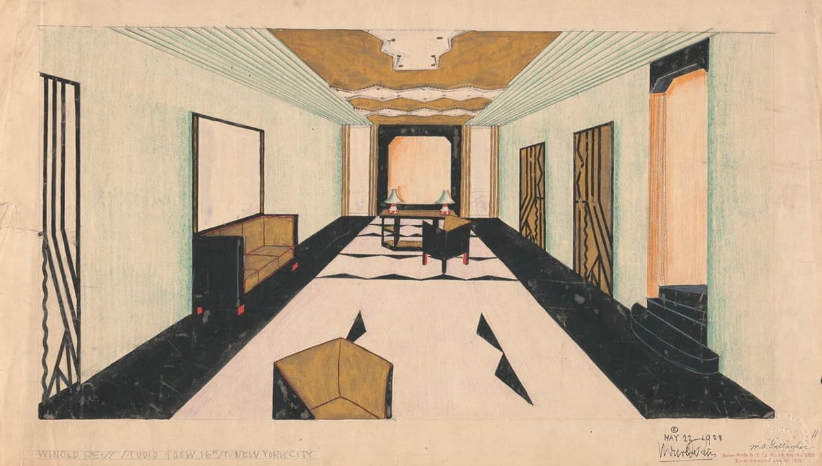 Winold Reiss - Designs for Shellball Apartments, 8300 Talbot St. at Lefferts Blvd., Kew Gardens, New York, NY.] [Perspective drawing of lobby