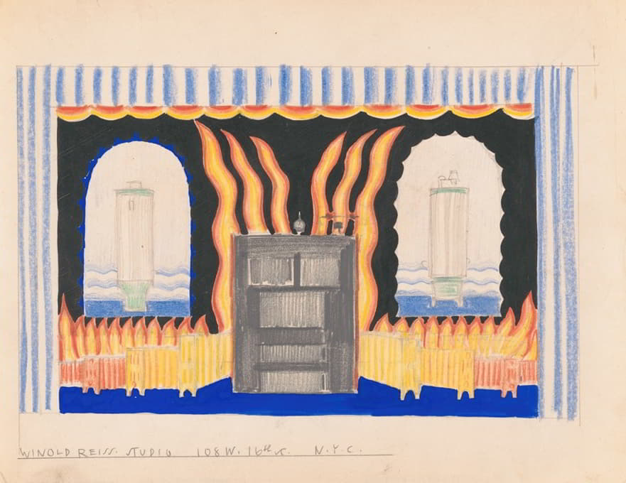 Winold Reiss - Designs for staged commercial or trade exhibition displays of coal-fired water heaters and furniture.] [Perspective sketch featuring flames