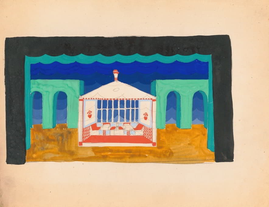 Winold Reiss - Designs for theater with black-framed proscenium and boldly colored settings.] [Study for stage light wall decoration, Caf ̌Crillon (277 Park Avenue)