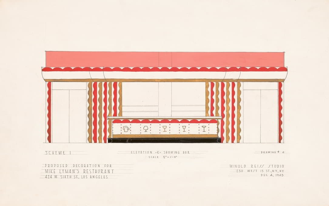 Mike Lyman餐厅（密歇根州洛杉矶第六大街西424号）的装饰设计图[方案1；立面图-K-展示酒吧