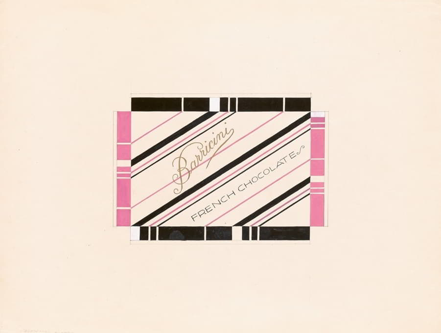 巴里奇尼糖果包装的平面设计图。【习作，'法国巧克力'糖果盒，粉色和黑色