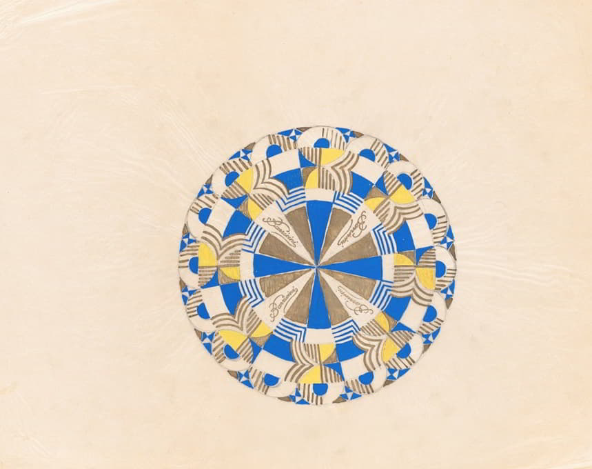 Winold Reiss - Graphic design drawings for Barricini Candy packages.] [Study, wheel pattern lid design in blue, yellow, and gold