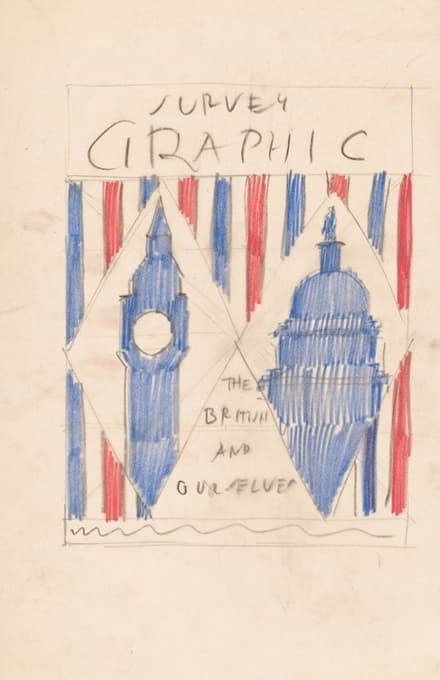 《调查图形》杂志封面的图形设计；《英国人和我们自己》。[与英国议会和美国国会大厦一起绘制]