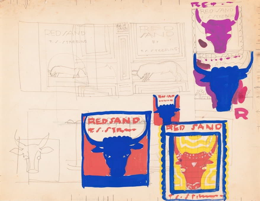 Winold Reiss - Graphic design for cover of the book ‘Red Sand’.] [Sketches with bull’s head and body