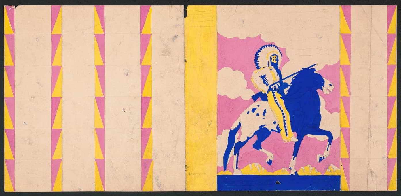 《太阳神的孩子们》一书封面的平面设计。[在马背上与美国印第安人一起绘画]