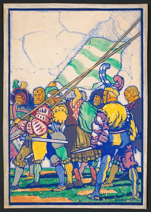Scribner杂志封面的平面设计，中世纪节日主题。][穿着中世纪服装和武器的男人的彩色绘画]