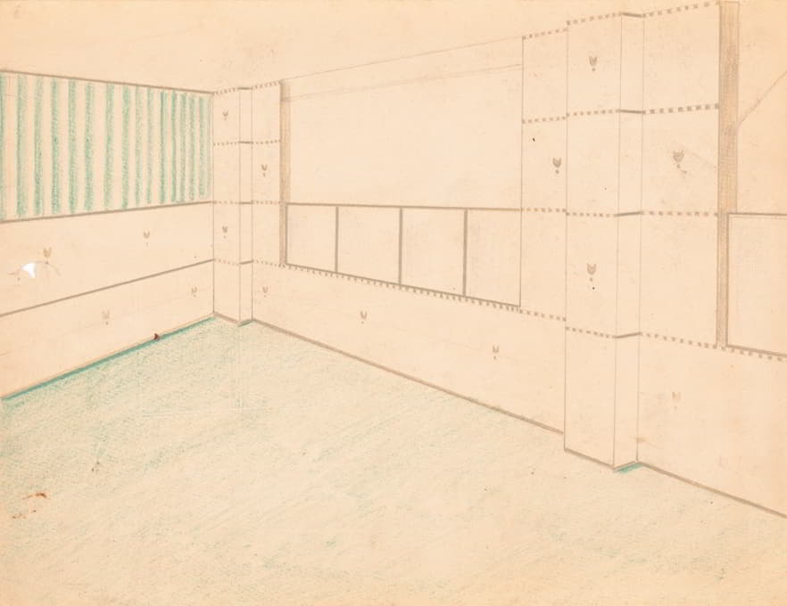 Winold Reiss - Interior design drawings for unidentified rooms.] [Sketch for interior with green coloring and floral pattern on wall