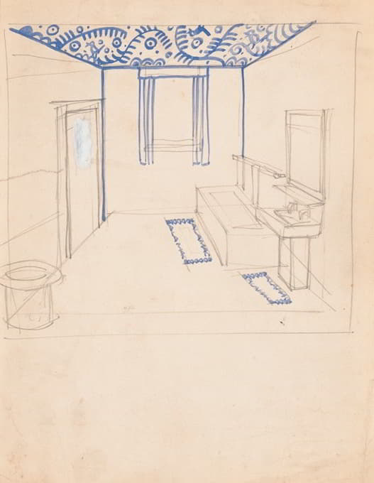 纽约州纽约市71街和百老汇阿拉马克的室内设计草图。[浴室内部透视图不完整。]