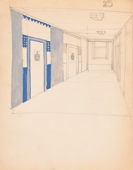 纽约州纽约市71街和百老汇阿拉马克室内设计草图。][走廊的不完整室内透视图