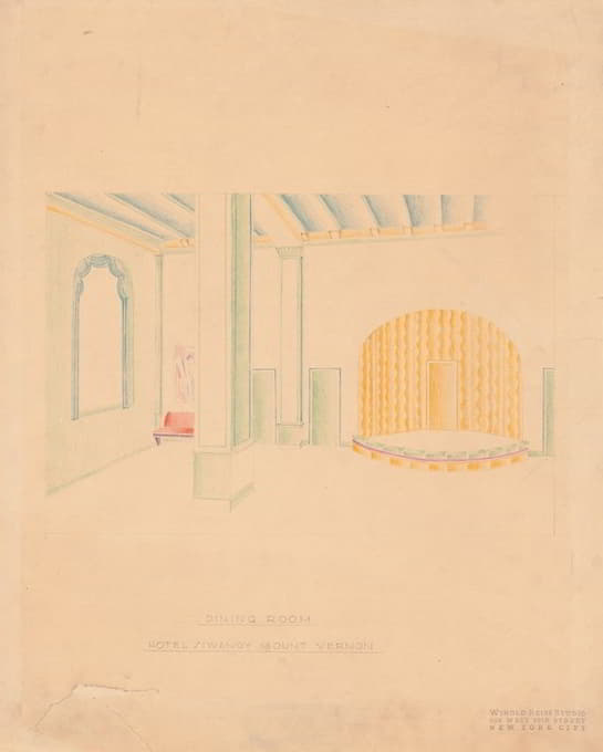 Winold Reiss - Interior perspective drawings of Hotel Siwanoy, Mount Vernon, NY.] [Interior perspective of dining room