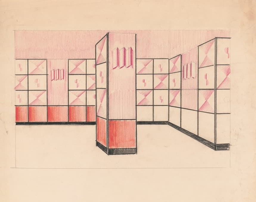 Winold Reiss - Interior perspective drawings of Hotel Siwanoy, Mount Vernon, NY.] [Interior perspective, unidentified room in pink, vermillion, and black