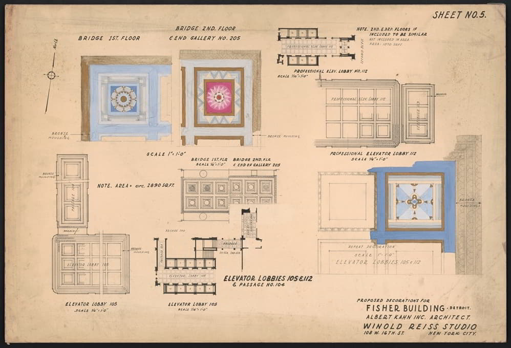 Winold Reiss - Proposed decorations for Fisher Building, Detroit.] [Bridge 1st floor.] [Bridge 2nd floor & end gallery no. 205.] [Elevator lobbies 105 & 112