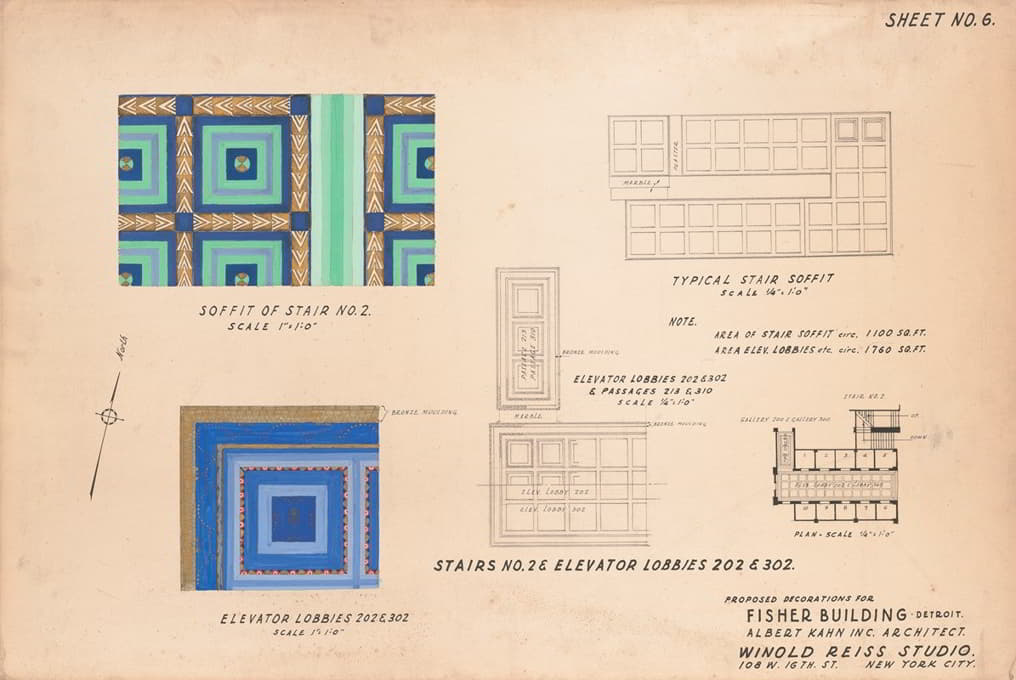 底特律费希尔大厦的拟议装饰。][2号楼梯底面][电梯大堂202和302
