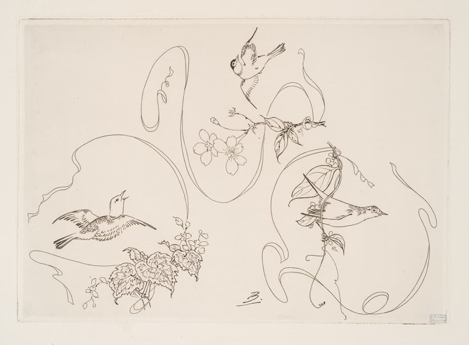 Félix Bracquemond - Assiette à dessert ; trois motifs composés chacun d’un ruban, d’une fleur et d’un oiseau.