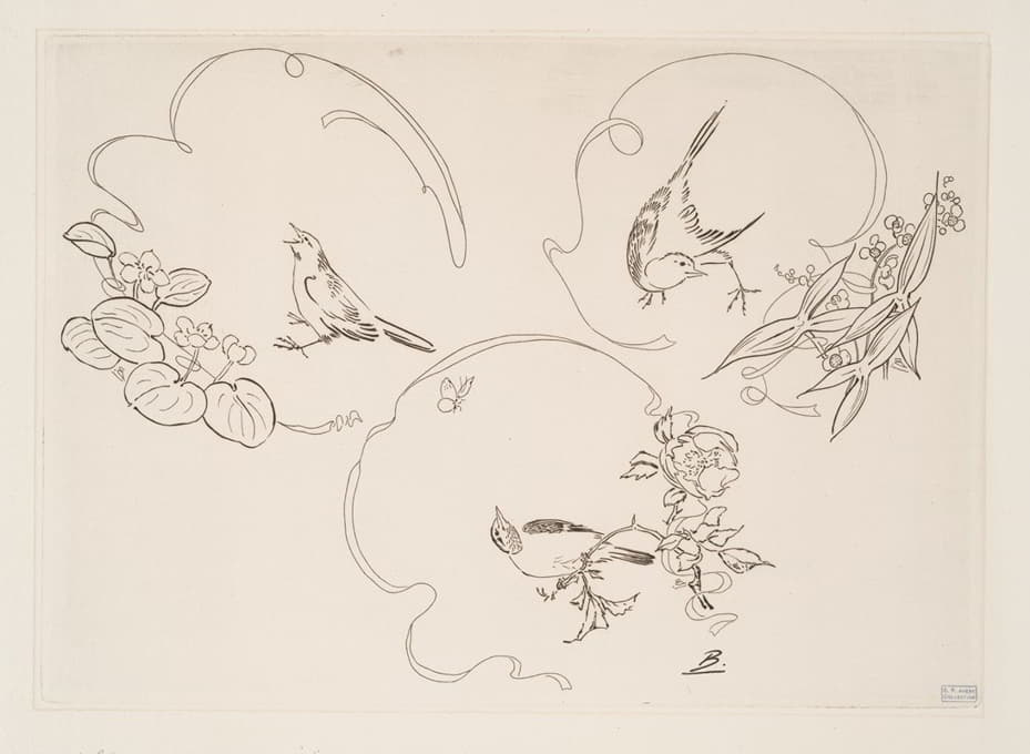 甜点盘；三种图案，每种图案由一条丝带、一朵花和一只鸟组成。