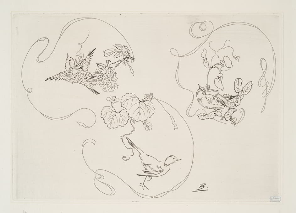 甜点盘；三种图案，每种图案由一条丝带、一朵花和一只鸟组成