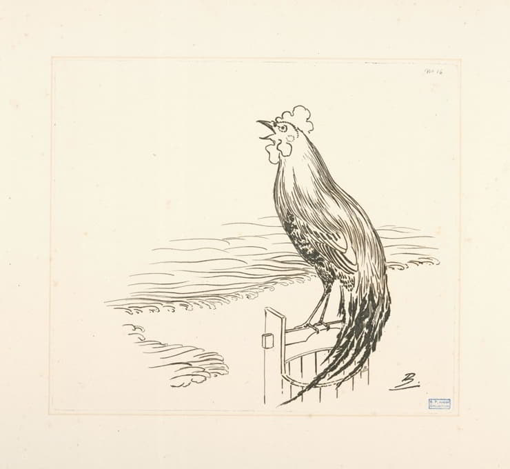 Félix Bracquemond - Un coq perché sur un seau, devant la mer.