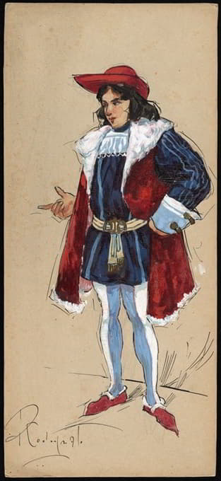 Plinio Codognato - A man stands with a finger pointed, wearing a red hat, blue doublet and hose and a red overgarment