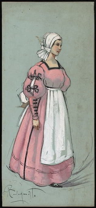 一位身穿粉色落地连衣裙的女士，侧面为四分之三