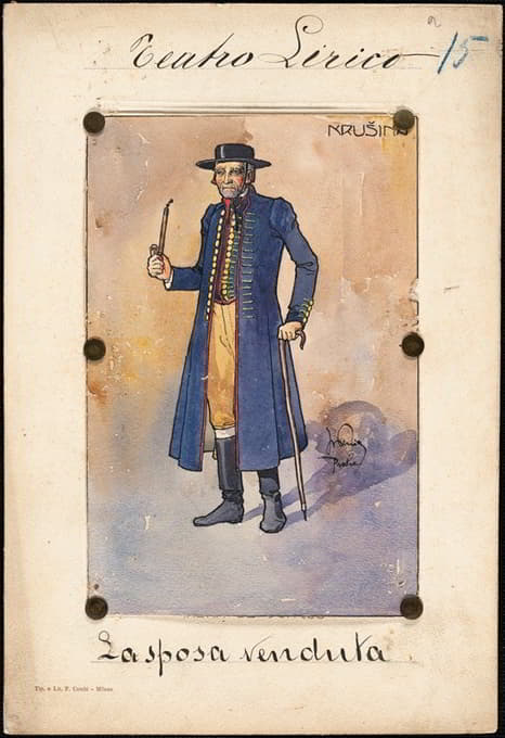 一名男子站在四分之三的侧面，手持手杖和烟斗