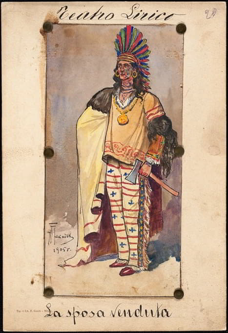 一名男子穿着部落服装站在四分之三的侧面