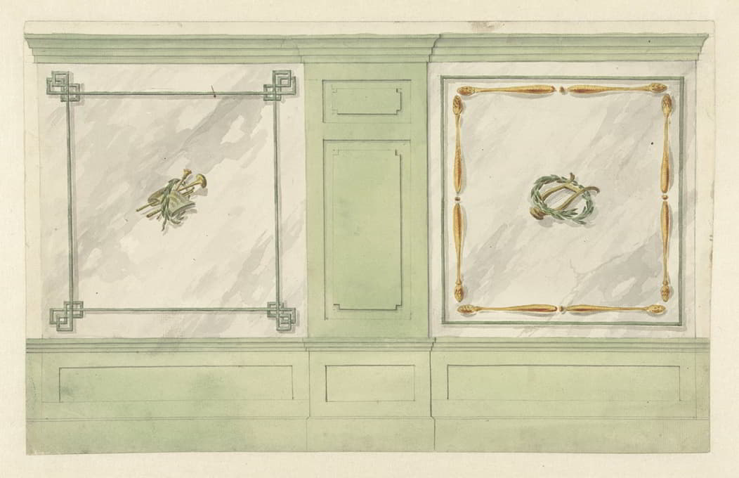 Abraham Meertens - Ontwerp voor kamerversiering met twee panelen met ornamenten van muziekinstrumenten