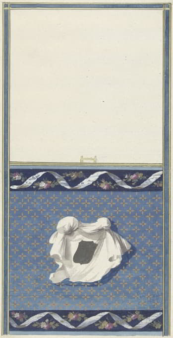 Abraham Meertens - Ontwerp voor kamerversiering met verticaal twee panelen, de onderste met een witte doek op een sterrenfond