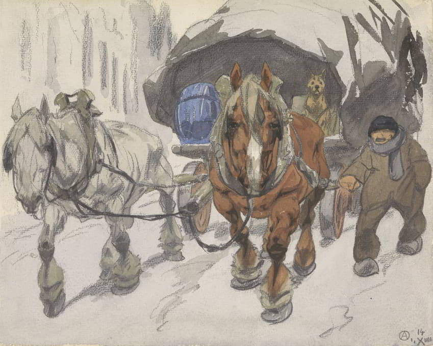 Alfred Ost - Boerenwagen met twee paarden ervoor